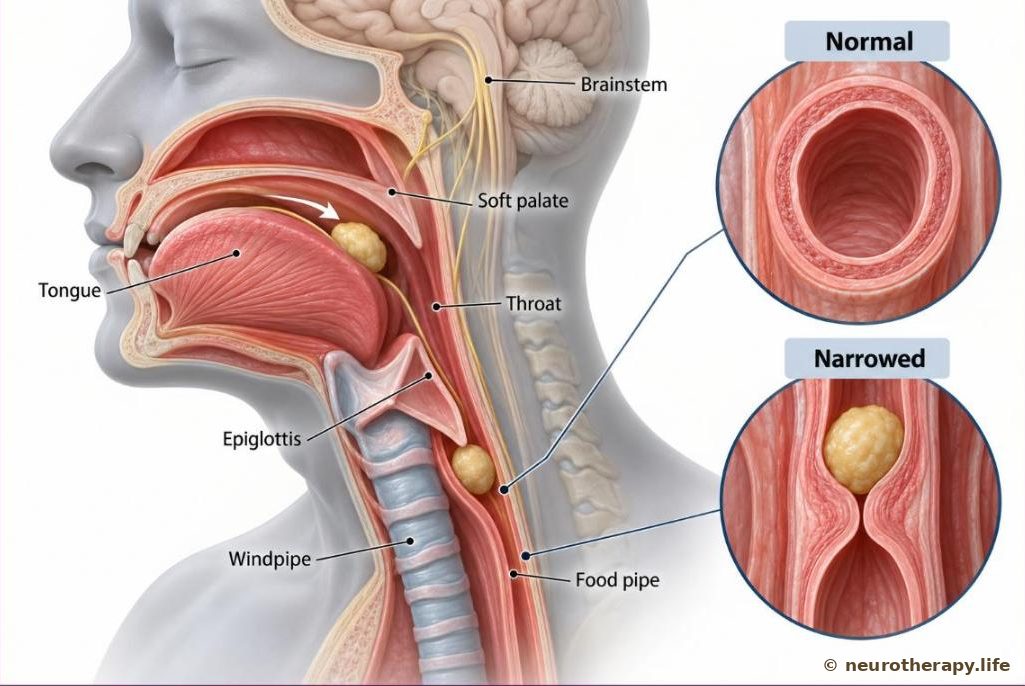 Side cut-away of a neutral mannequin's head and neck showing the mouth, tongue, throat, epiglottis closing over the windpipe, and the food pipe; an inset compares a normal open food pipe with a narrowed one