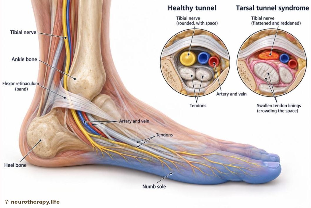 The inner side of a right ankle and foot with the skin see-through, showing the tibial nerve, artery and tendons passing under a tough band behind the ankle bone and on into the sole; two magnified cross-sections compare an open tunnel with a crowded one that flattens the nerve