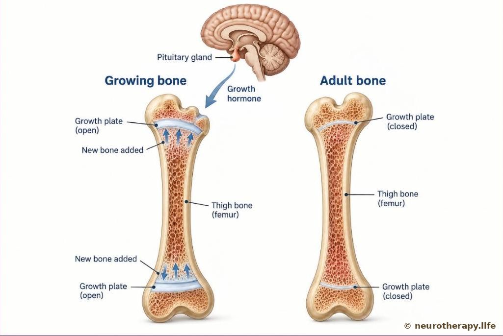 Two thigh bones shown on their own: on the left a growing bone with a clear band of growth plate near each end, on the right an adult bone where the band has sealed into a thin line; above, a small brain cut-away with the pituitary gland