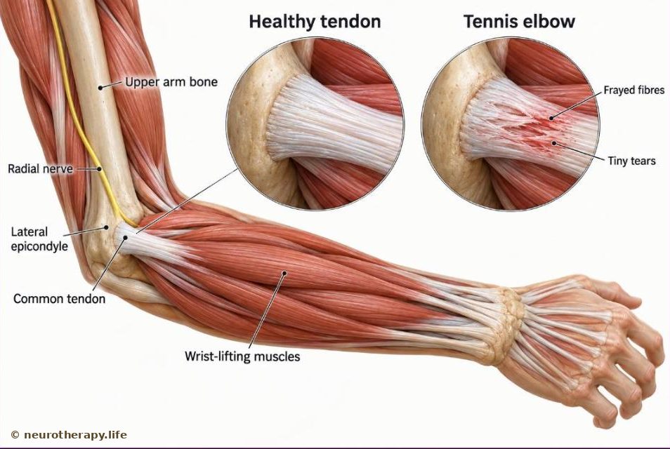 A right arm bent at the elbow, seen from the outer side with skin removed; the forearm muscles that lift the wrist join by one tendon to the bony bump on the outside of the elbow; a magnified circle compares a healthy tendon with a frayed, worn one