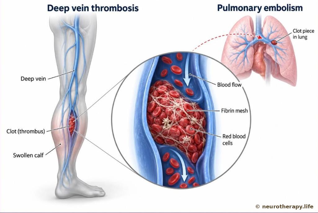The deep veins of a leg shown as a see-through outline with a clot in a calf vein; a magnified cut-away of the vein shows the clot made of red cells caught in a mesh of fibrin threads, and a small inset shows a piece breaking off toward the lungs