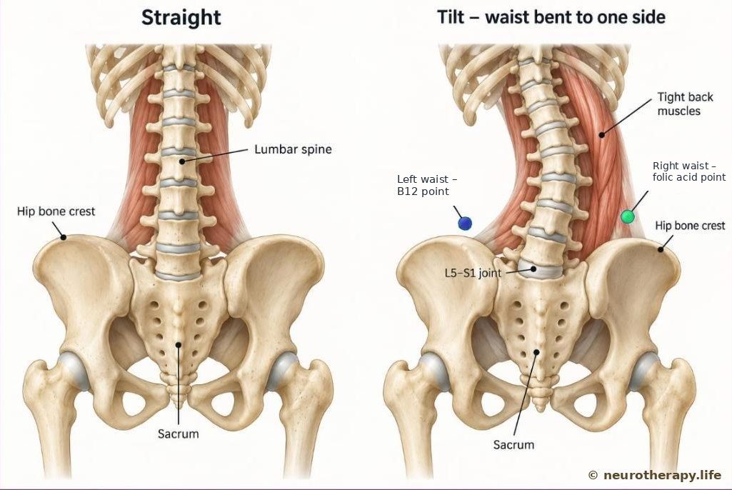 Two skeletal views of the lower spine and pelvis from behind: on the left a straight spine with level hip bones, on the right the lower spine bending to one side with the waist tilted; the right and left waist areas are marked