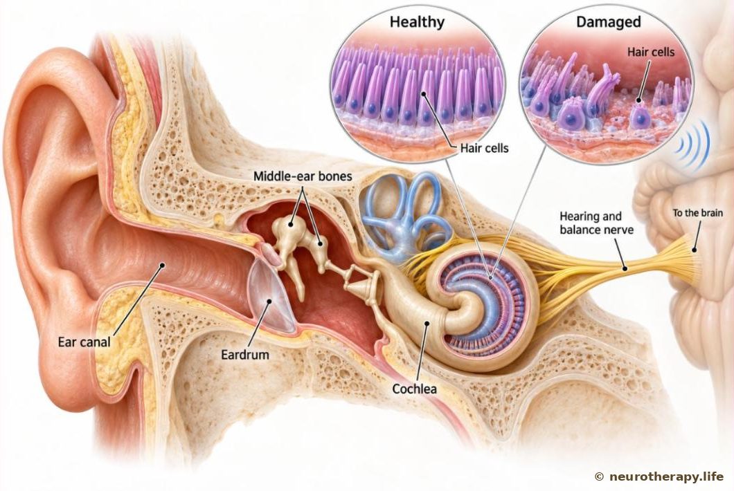 Cut-away view of the ear showing the outer ear canal, eardrum, the three tiny middle-ear bones, the snail-shaped cochlea and the hearing nerve running to the brain, with magnified insets of healthy and damaged hair cells