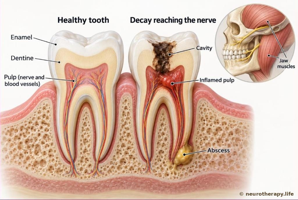 Two molar teeth cut in half side by side — one healthy, one with a cavity reaching an inflamed pulp and an abscess at the root — with an inset of the jaw muscles and the nerve branches to the upper and lower teeth