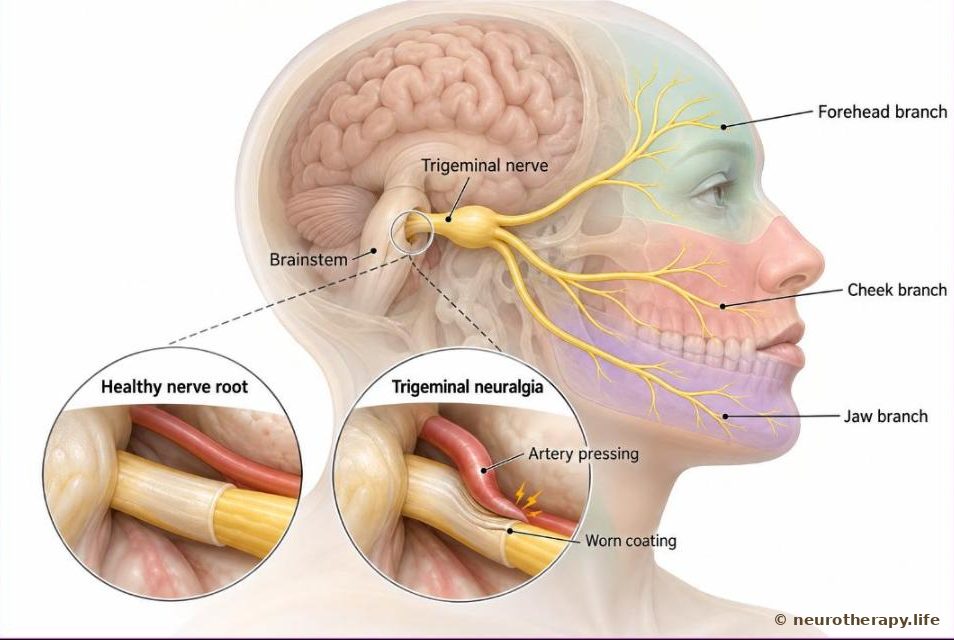 Side view of the head showing the trigeminal nerve and its three branches to the forehead, the cheek and the jaw, joining the brainstem; two magnified circles compare a healthy nerve root with one pressed by an artery