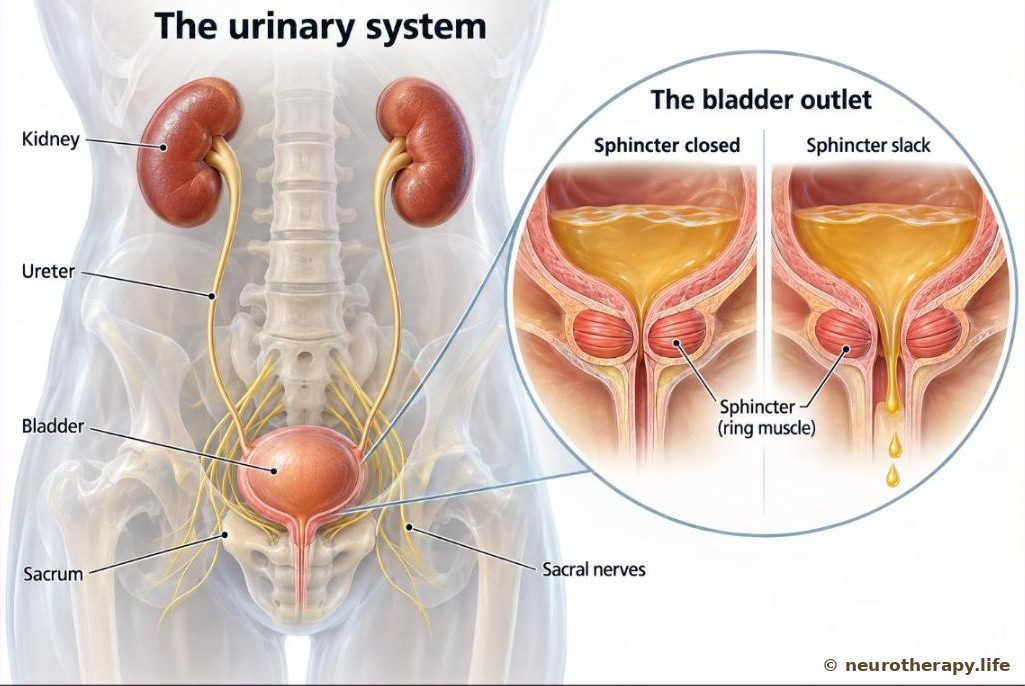 Front view of the kidneys, ureters and bladder; a magnified cut-away of the bladder outlet compares a sphincter squeezed closed with one that is slack and open