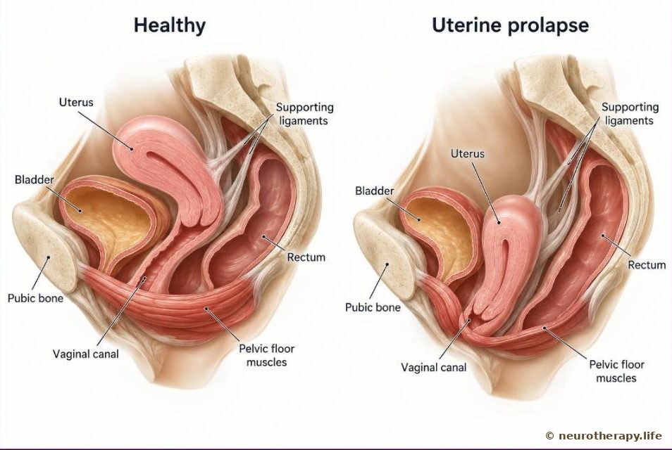 Two side-view cut-away diagrams of the female pelvis: on the left the uterus sits high, held by ligaments and a firm pelvic floor; on the right the pelvic floor has sagged and the uterus has slipped down into the vaginal canal