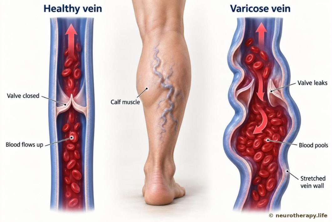 Two cut-open leg veins side by side: on the left a healthy vein with closed valves and blood flowing upward; on the right a widened, twisted vein with gaping valves and blood flowing backward and pooling