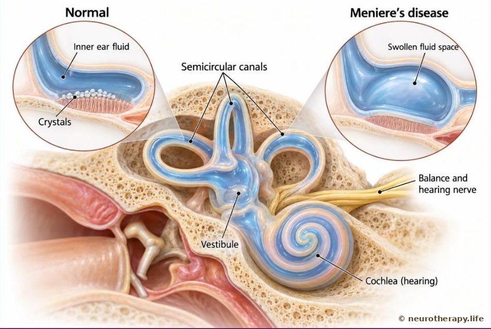Cut-away view of the inner ear showing the three fluid-filled semicircular canals and the snail-shaped hearing organ, with magnified insets of a normal canal and a swollen, over-filled one