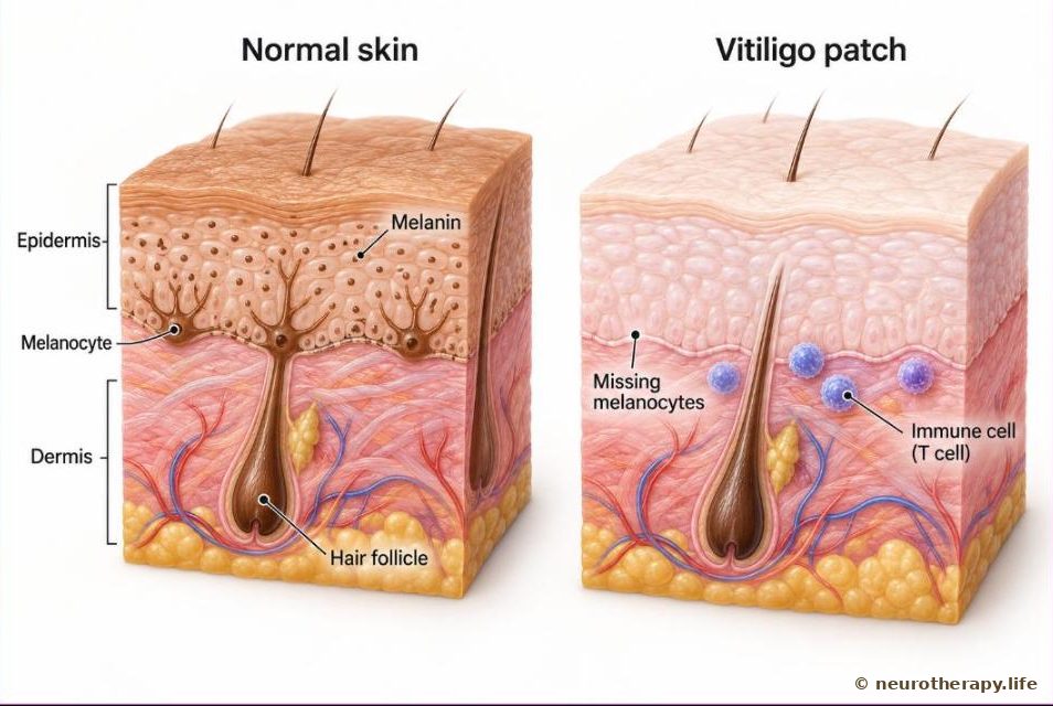 Two magnified cross-sections of skin side by side: normal skin with pigment cells at the base of the top layer passing brown melanin to the cells above, and a vitiligo patch where the pigment cells are missing and immune cells are present