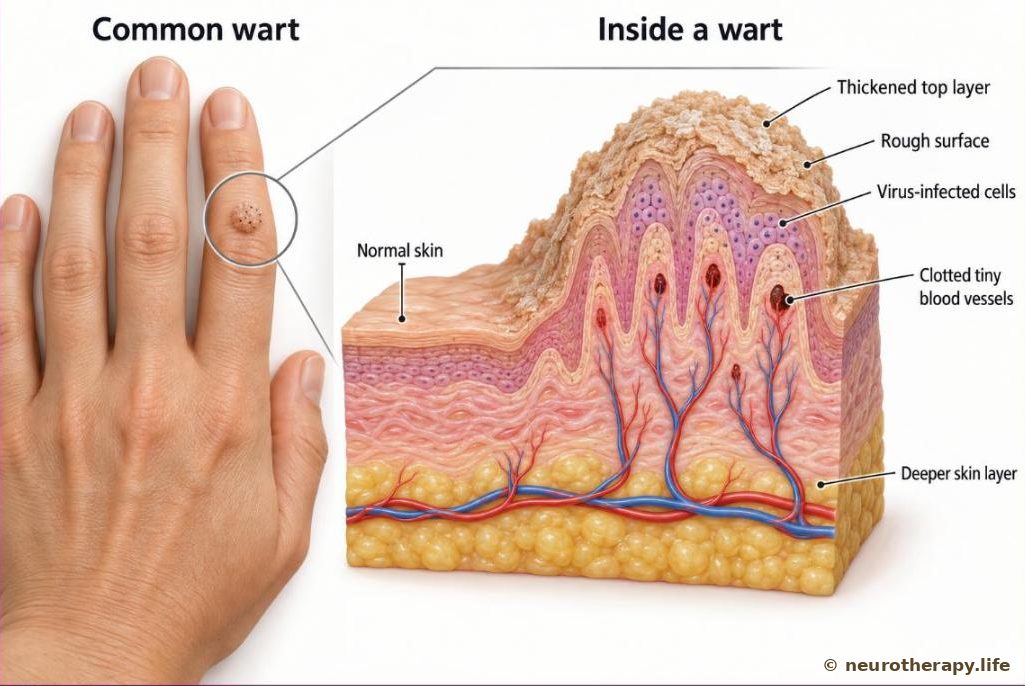 The back of a hand with one small rough wart on a finger, and a magnified cut-away of that wart showing a thickened top layer of skin, tiny black dots of clotted blood vessels and virus-infected cells