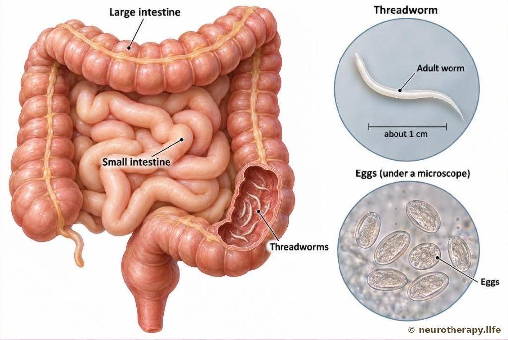 The large intestine seen from the front, with tiny white thread-like worms inside its last part, and two magnified circles: one of an adult worm, one of its tiny oval eggs