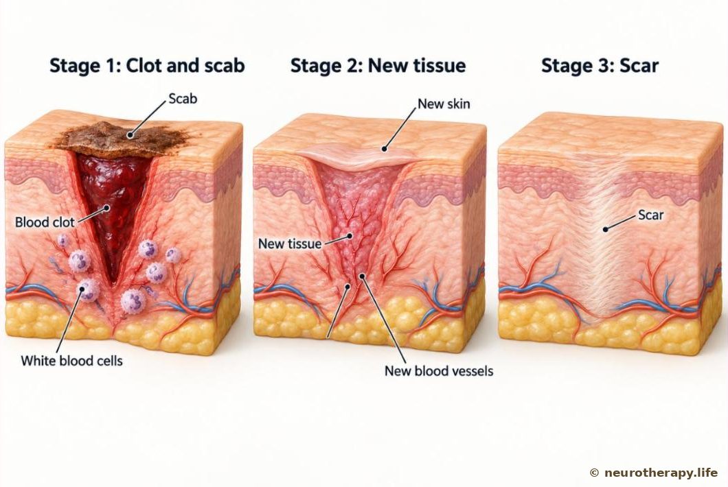 Three skin cross-sections in a row showing a wound healing: a blood clot and scab, then new pink tissue filling the gap, then a thin scar