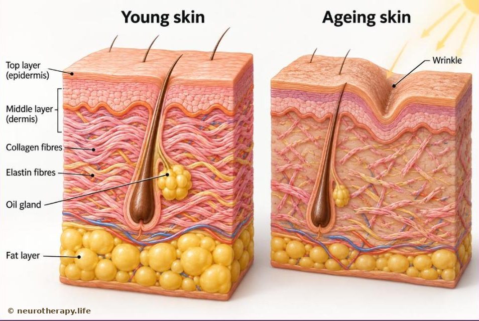 Two blocks of skin in cross-section side by side: young skin with a thick layer of dense, springy collagen and elastin fibres and a smooth surface, and ageing skin with thinner, broken fibres, less fat and a surface folded into a wrinkle